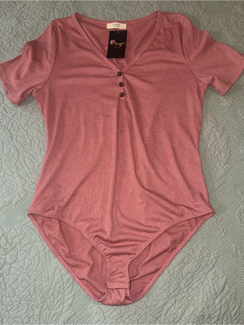 a.gain Dusty Rose Ribbed Henley Bodysuit NWT
